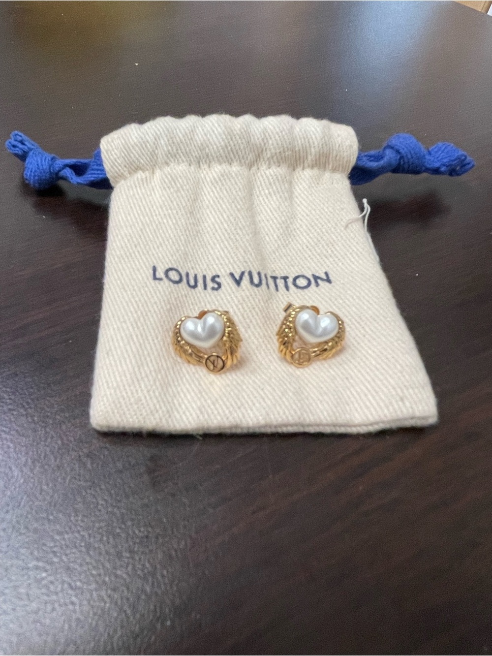 Louis Vuitton Gold-Tone Heart Earrings with White Pearl Centers